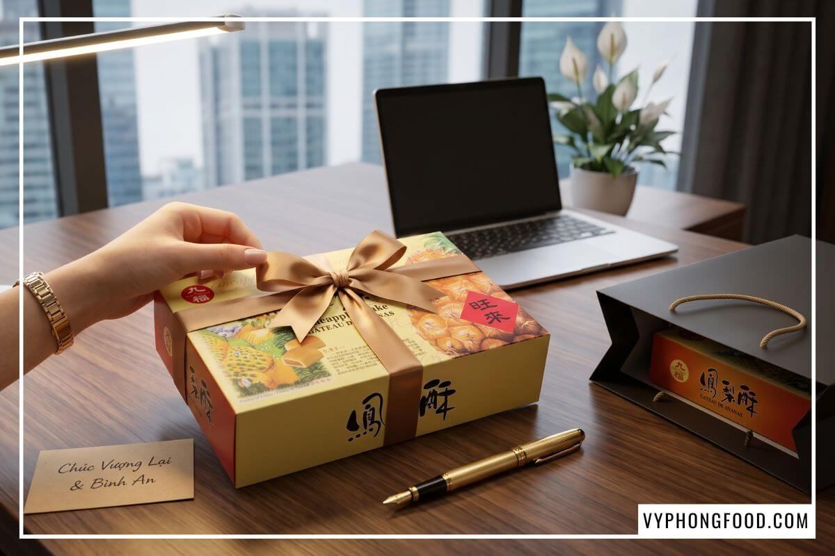 Tay nữ quản lý chỉnh nơ hộp bánh dứa nổi tiếng Đài Loan Nice Choice có tem phụ trên bàn làm việc.