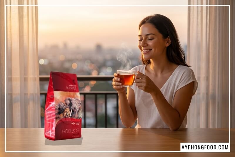 Nữ khách hàng ôm tách hồng trà rooibos Nam Phi đỏ hổ phách thư giãn chiều hoàng hôn Sài Gòn