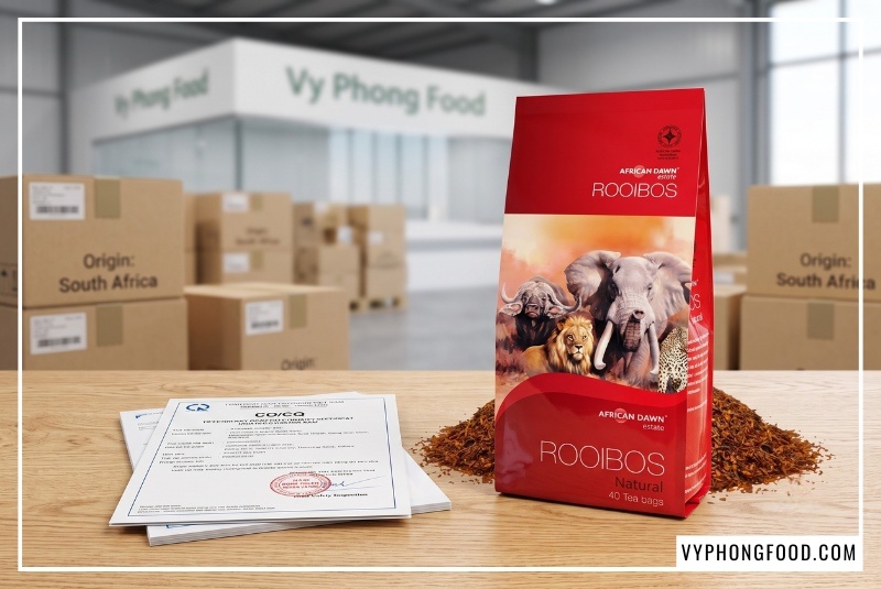 Gói bao bì Hồng trà Rooibos Nam Phi African Dawn cùng bộ chứng từ nhập khẩu chính ngạch CO CQ cho khách hàng mua trà rooibos số lượng lớn tại Vy Phong Food.