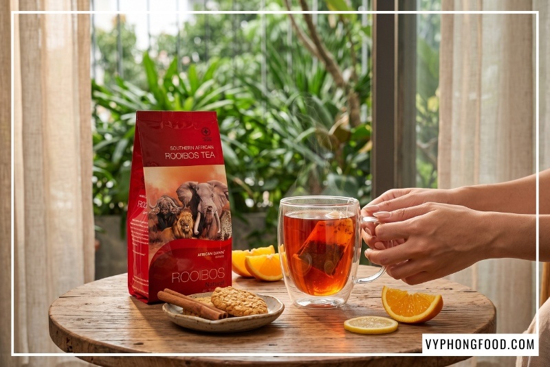 Tách Hồng trà Rooibos Nam Phi túi lọc màu đỏ hổ phách đặt cạnh bao bì African Dawn từ đơn vị cung cấp mua trà rooibos số lượng lớn Vy Phong Food.