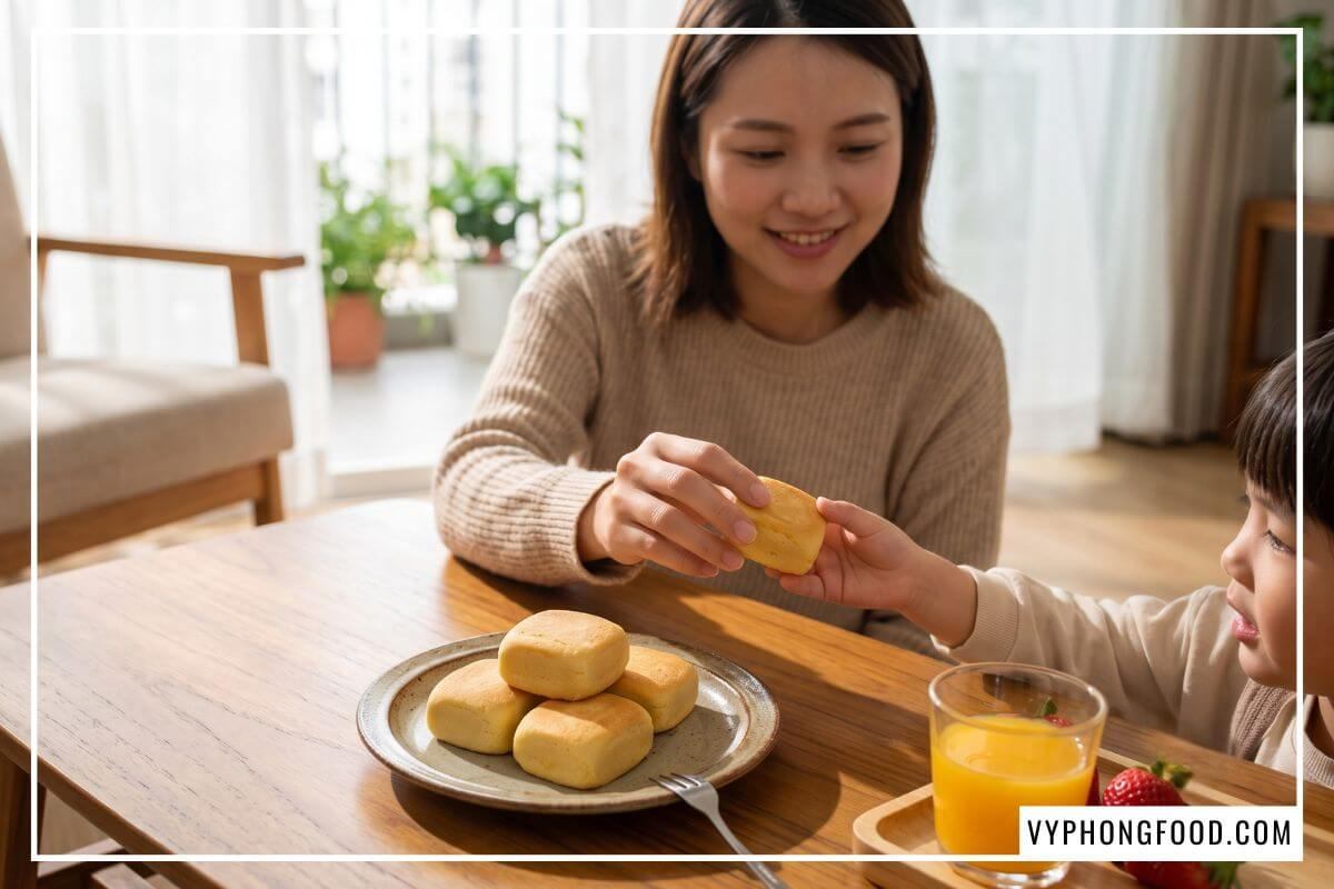 Mẹ chia bánh dứa vàng ươm cho con nhỏ trên bàn ăn gia đình sau khi mua bánh dứa Đài Loan chính hãng.