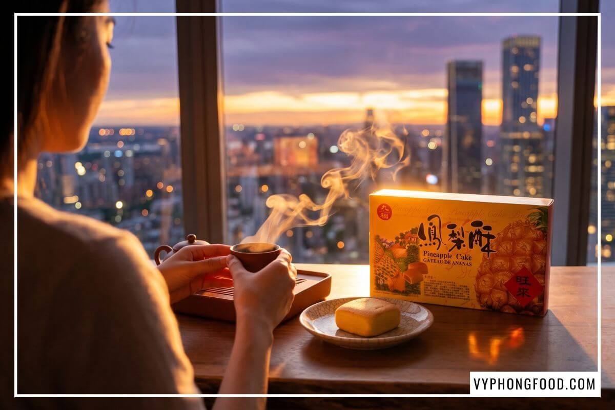 Thưởng thức trà Ô Long nóng cùng bánh thơm ngậy sau khi mua bánh dứa Đài Loan về thư giãn chiều muộn.
