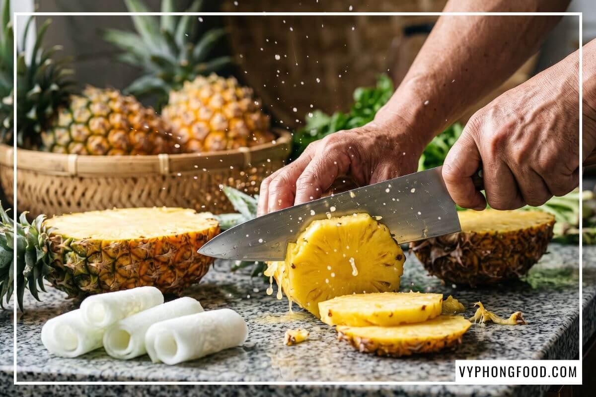 Bàn tay thợ bánh dùng dao băm nhỏ các khoanh dứa tươi và sợi bí đao trên bàn đá granite xám để làm nhân.