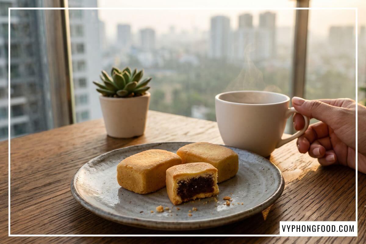 Đĩa ba chiếc bánh dứa nướng tròn màu vàng óng từ cách làm bánh dứa đơn giản trên bàn gỗ ban công