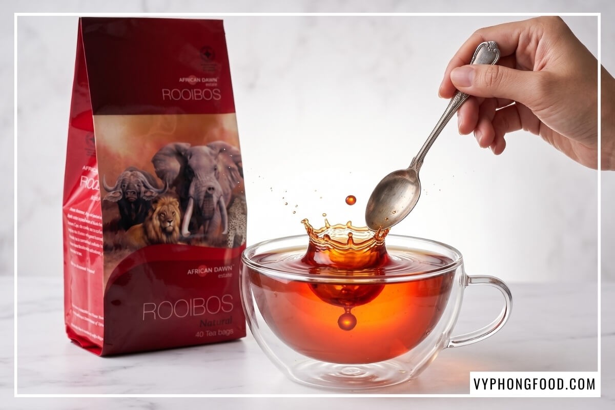 Tách trà đỏ hổ phách bên túi hồng trà rooibos African Dawn, thể hiện chuẩn chất lượng khi xem bảng giá trà rooibos túi lọc cao cấp.