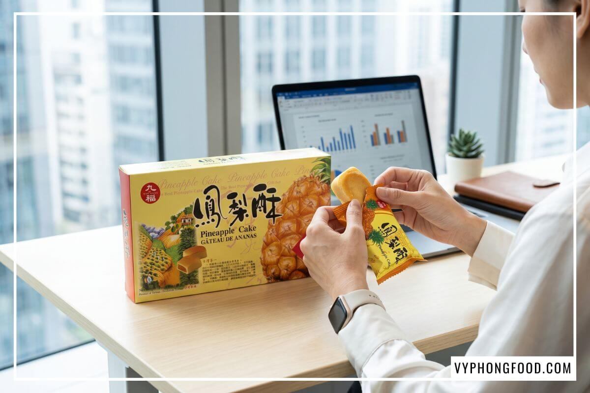 Hộp bánh dứa Đài Loan Nice Choice 227g chính hãng do Vy Phong Food phân phối tại bàn làm việc.