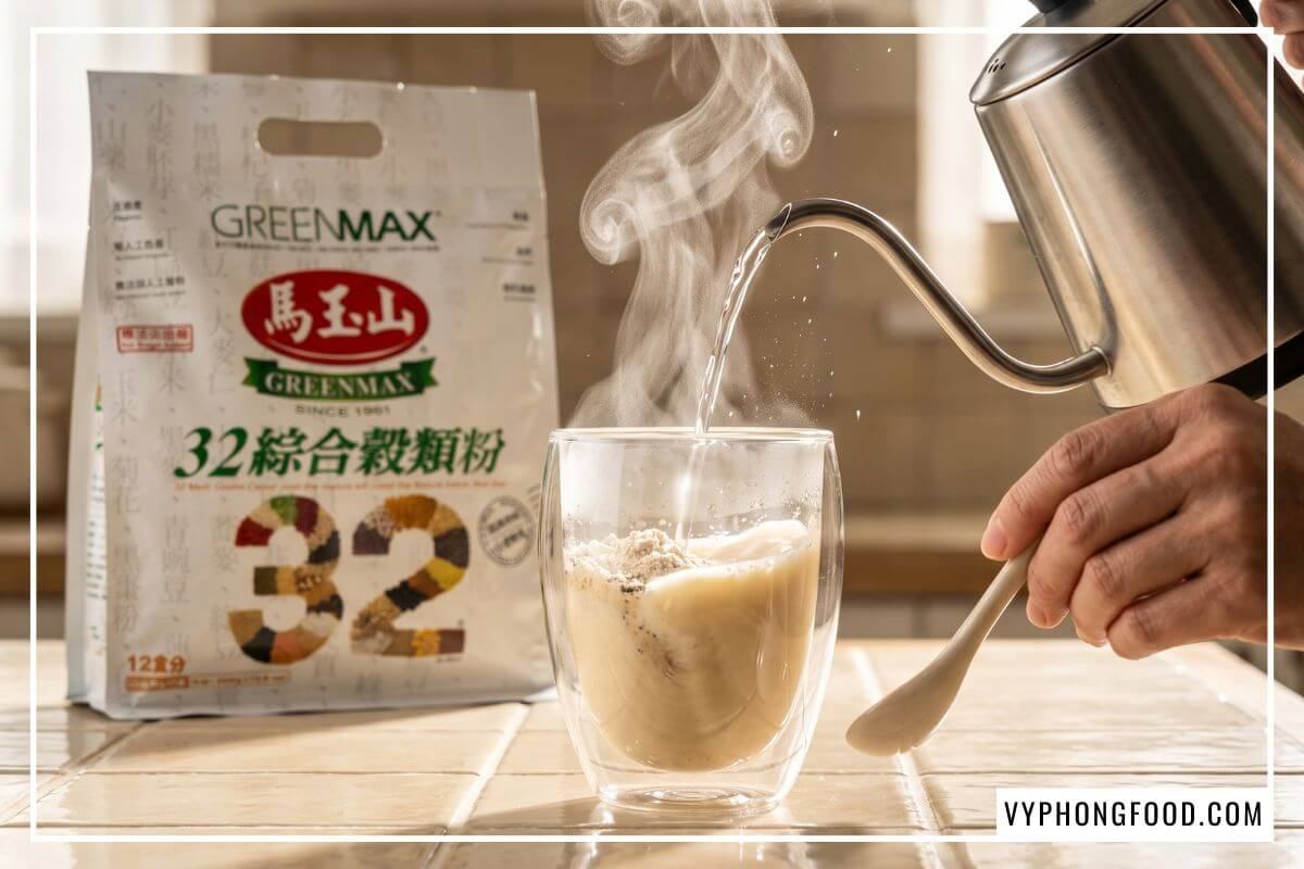 Nước sôi hòa tan bột ngũ cốc dinh dưỡng sánh mịn thơm bùi từ địa chỉ bán thực phẩm chay uy tín