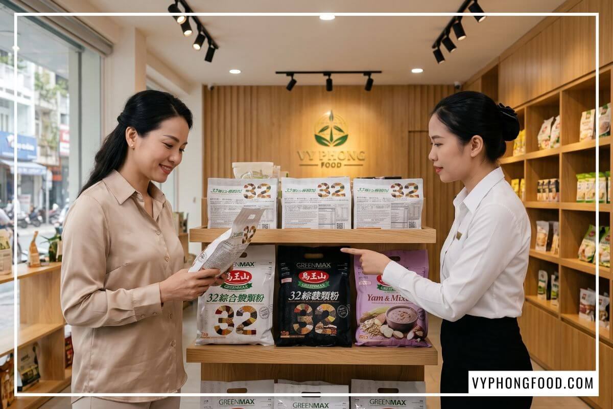 Showroom bán đồ ăn chay chính hãng trưng bày bột ngũ cốc Greenmax tại 249 Sư Vạn Hạnh TP.HCM