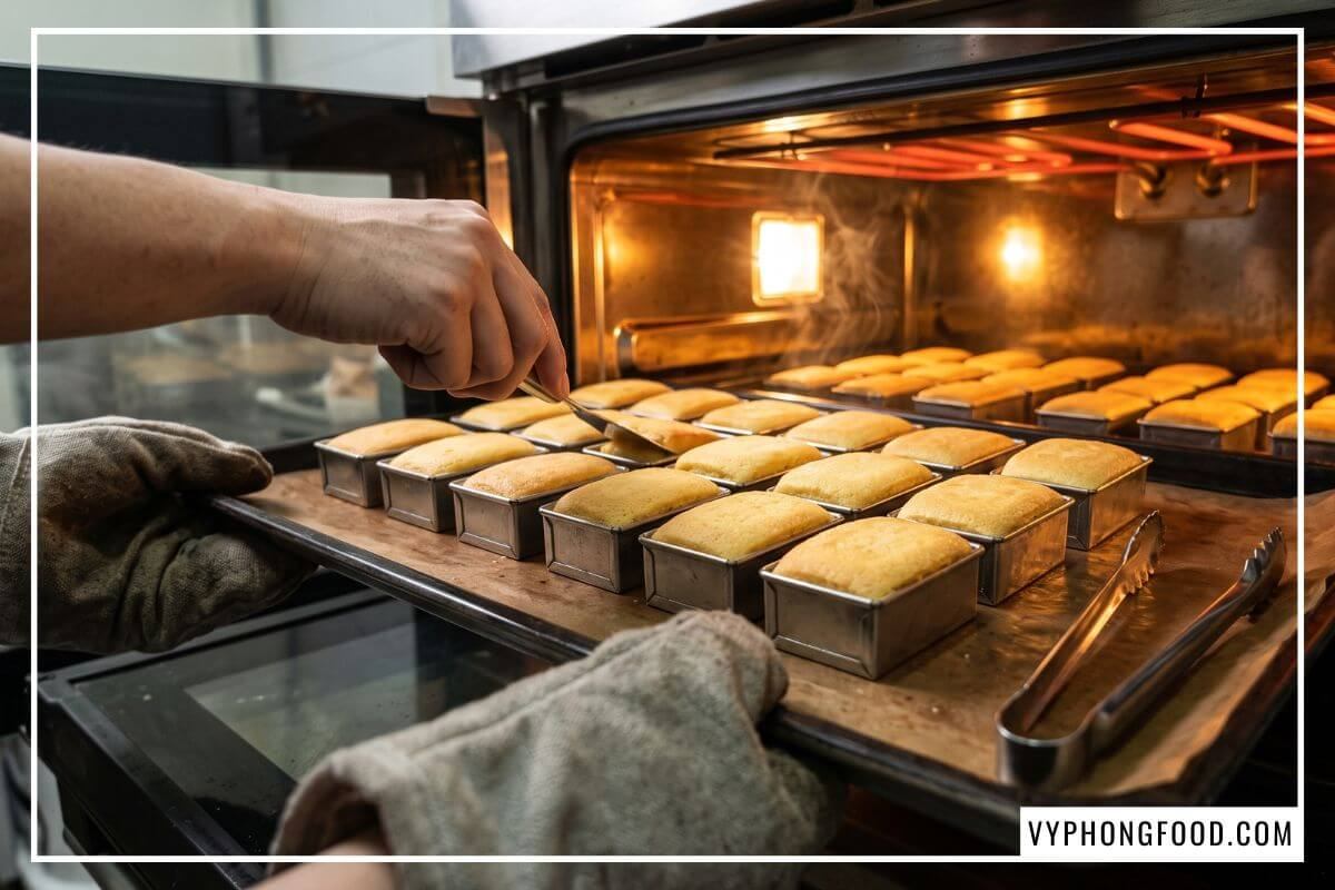 Khay bánh nướng chín vàng rơm thơm nức được trở mặt khi nướng bánh dứa bằng lò gia đình ở nhiệt độ chuẩn