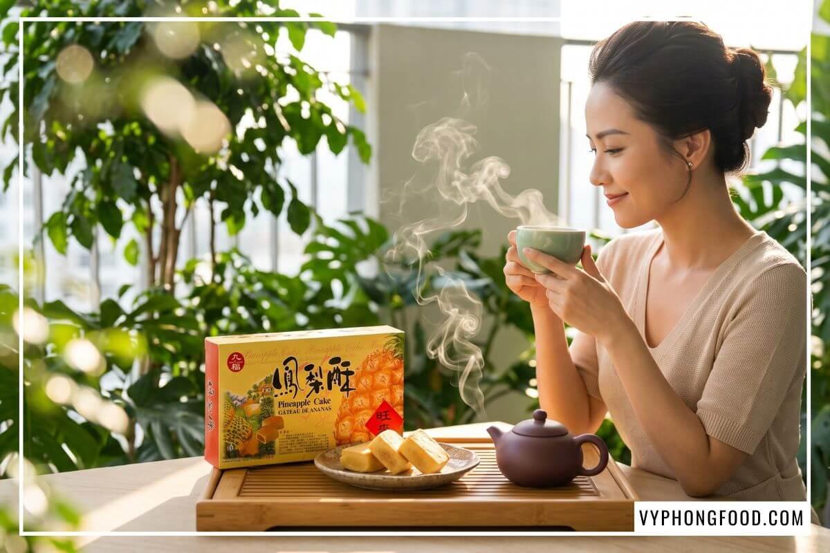 Người phụ nữ nâng chén trà bên đĩa bánh nướng, giải đáp bánh dứa Đài Loan loại nào ngon cho bữa xế