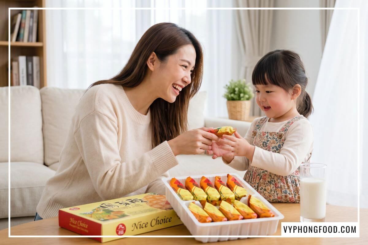 Người mẹ trao gói bánh nướng đóng kín an toàn cho con gái nhỏ, thay cho bánh dứa Đài Loan handmade