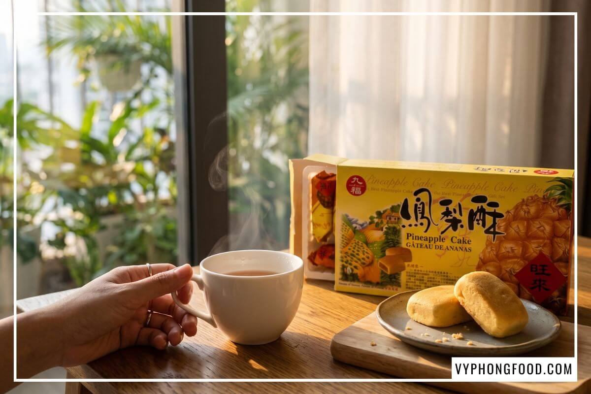 Hộp bánh dứa Đài Loan mini mở nắp cạnh tách trà nóng trên bàn gỗ sồi chan hòa ánh nắng chiều.