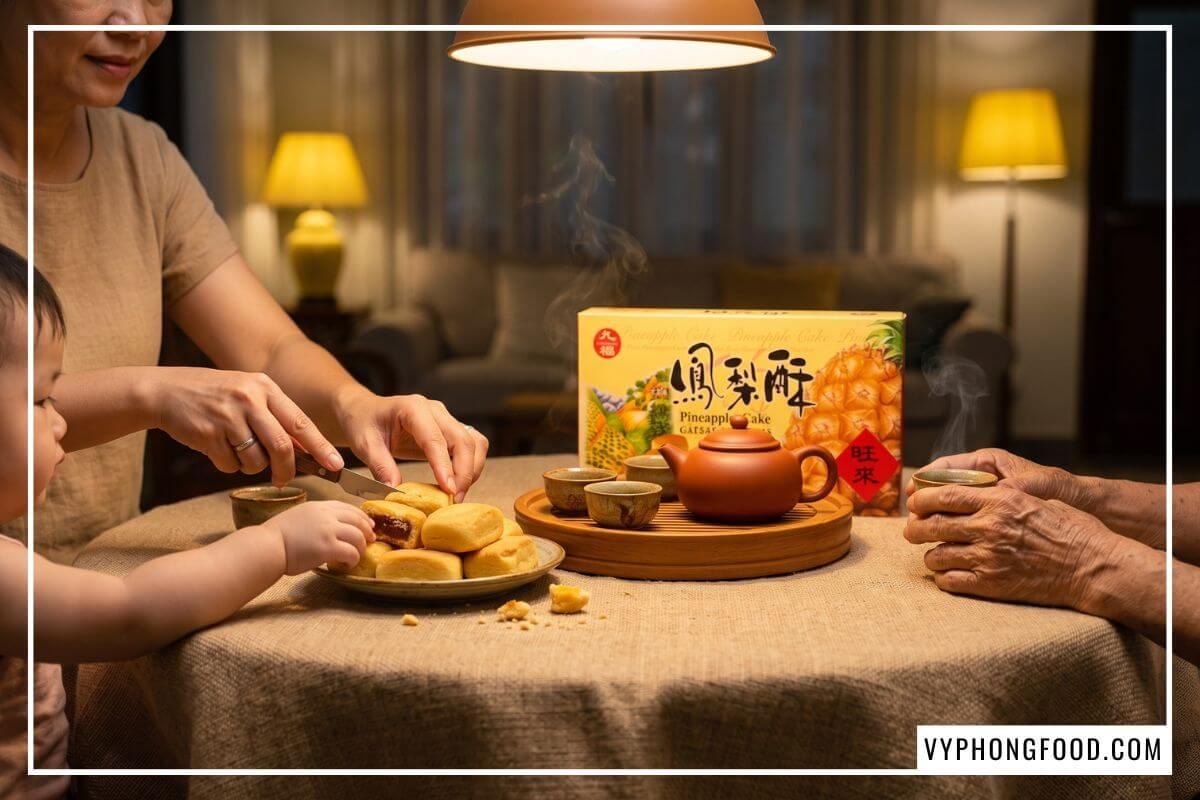 Mâm trà gia đình ấm cúng với đĩa bánh dứa Đài Loan mini vàng ruộm và ấm trà đất nung bốc khói.