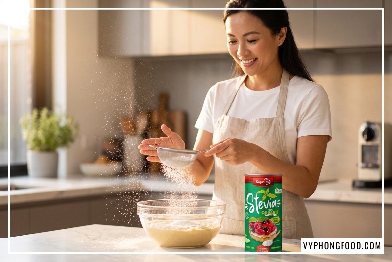 Thành phẩm rực rỡ và nguyên liệu hướng dẫn làm bánh bông lan bằng đường ăn kiêng, sử dụng đường cỏ ngọt hữu cơ Sugarless dạng lon 350g giúp bánh nở xốp mềm mịn, ngọt thanh tự nhiên và an toàn cho sức khỏe gia đình.