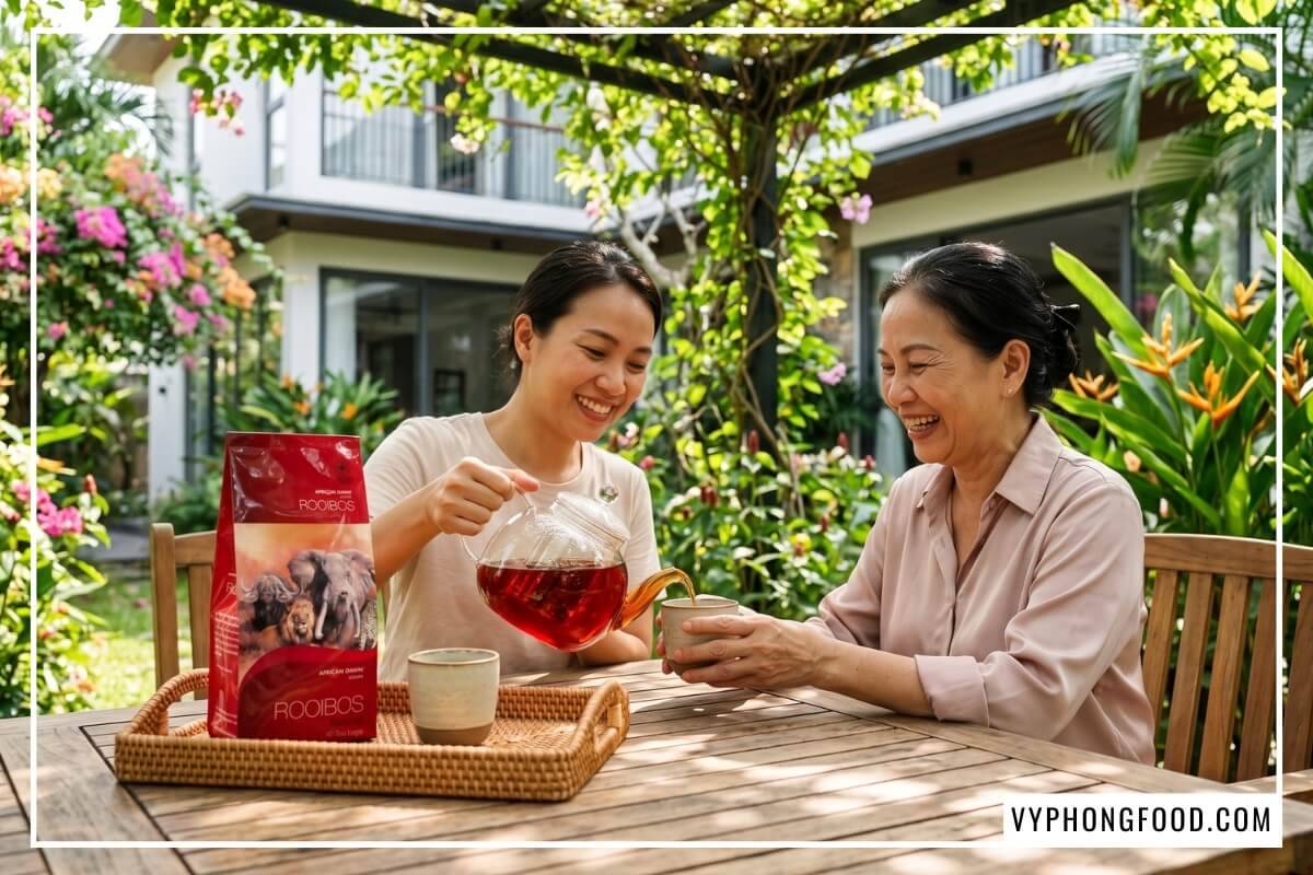 Mẹ và con gái uống trà rooibos túi lọc không caffeine bên hiên vườn Thảo Điền xanh mát.