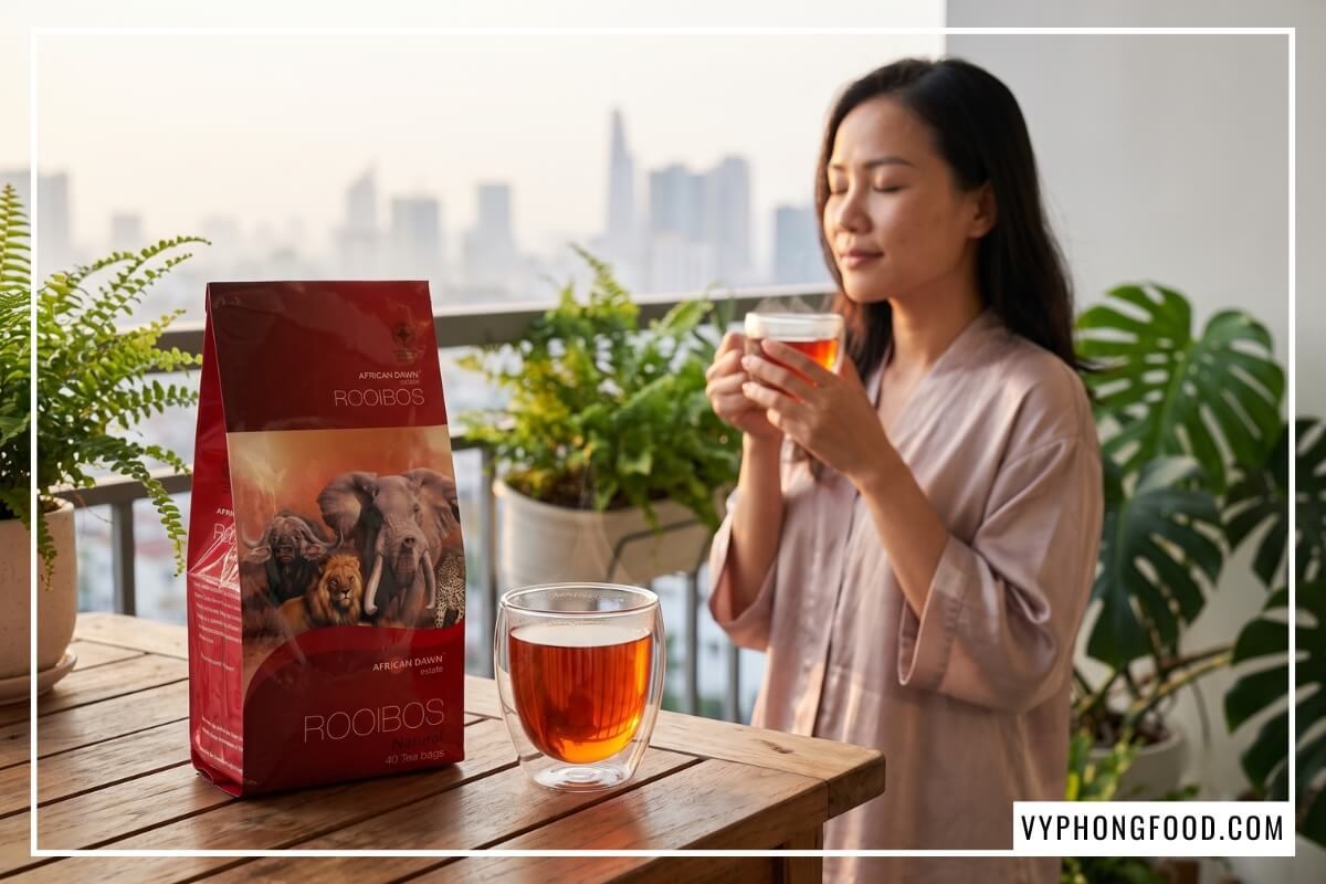 Tìm địa chỉ bán trà rooibos túi lọc tại TP.HCM thưởng thức tách trà đỏ ấm trên ban công.