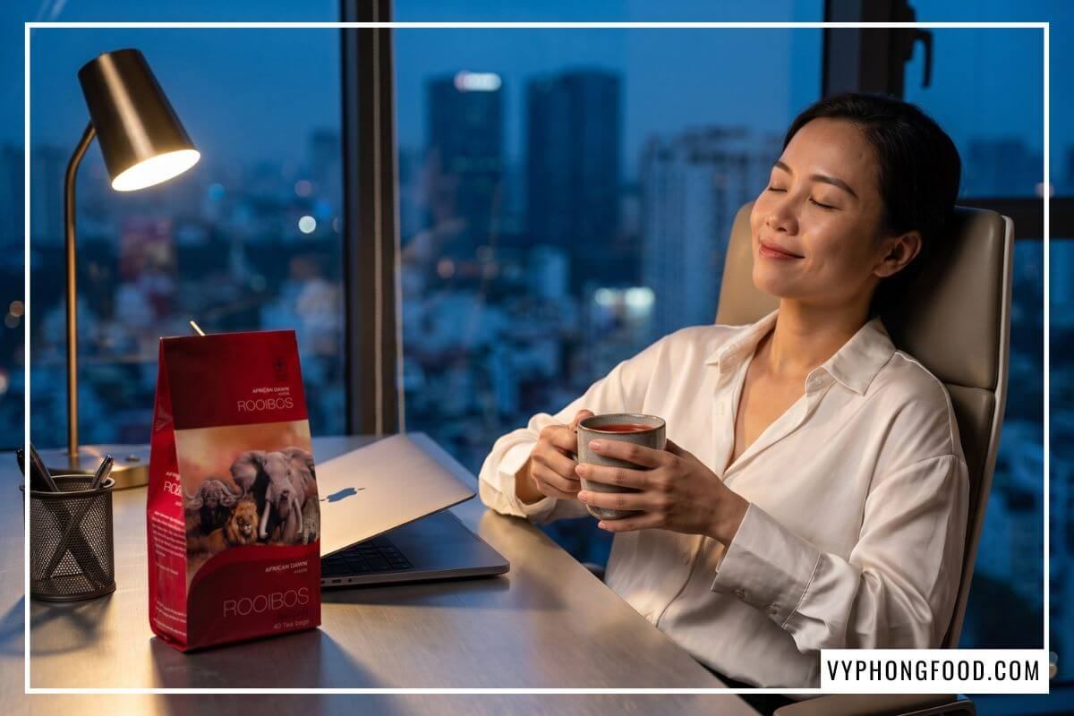 Nữ quản lý uống tách trà thảo mộc ấm giúp thư giãn thần kinh ban đêm bên cửa kính thành phố.