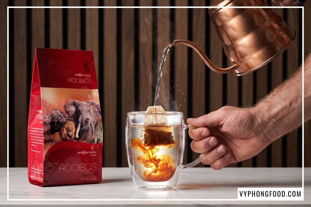 Rót nước sôi pha trà thảo dược giảm stress dịu thần kinh cho người trung niên vào ly thủy tinh