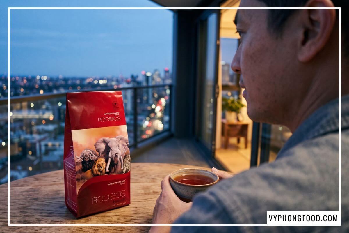 Nam giới thư giãn sau giờ làm với tách trà hổ phách rooibos Nam Phi bốc khói mỏng trên ban công tầng cao lúc chạng vạng đô thị đô thị lên đèn mờ ảo.