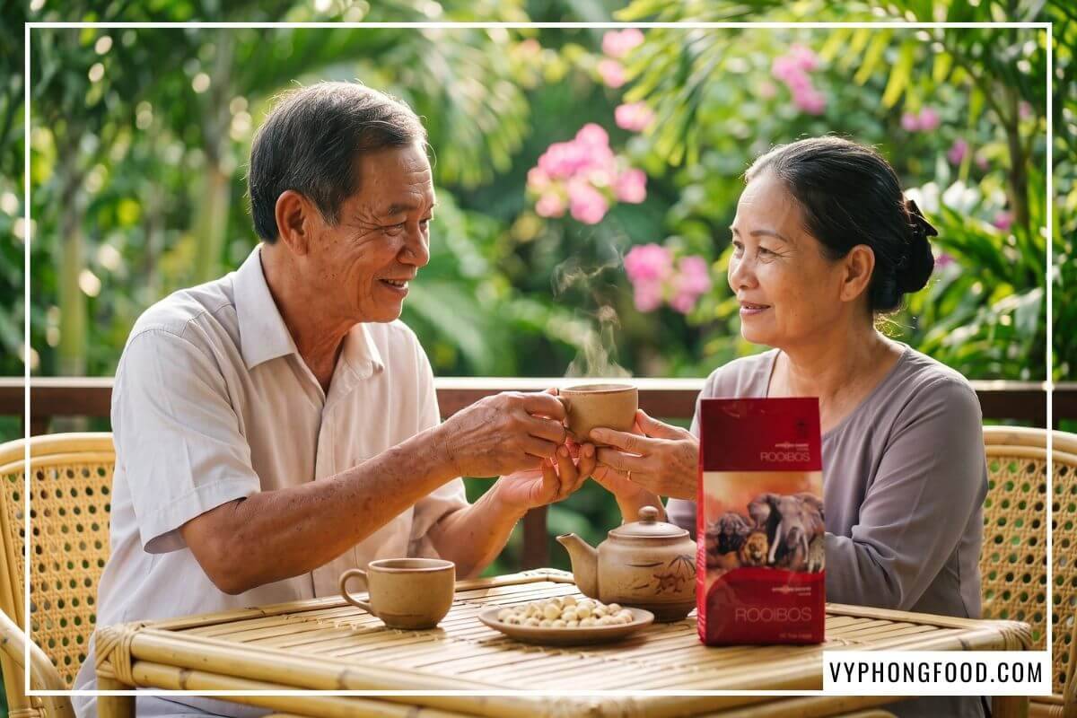 Đôi vợ chồng già uống trà thảo mộc dịu thần kinh bên hiên nhà nhiều cây xanh