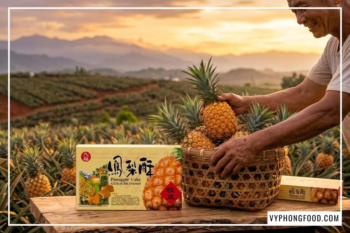 Quả dứa Quan Miếu chín vàng trong giỏ tre đặt cạnh hộp bánh dứa Đài Loan Nice Choice giữa cánh đồng đất đỏ.