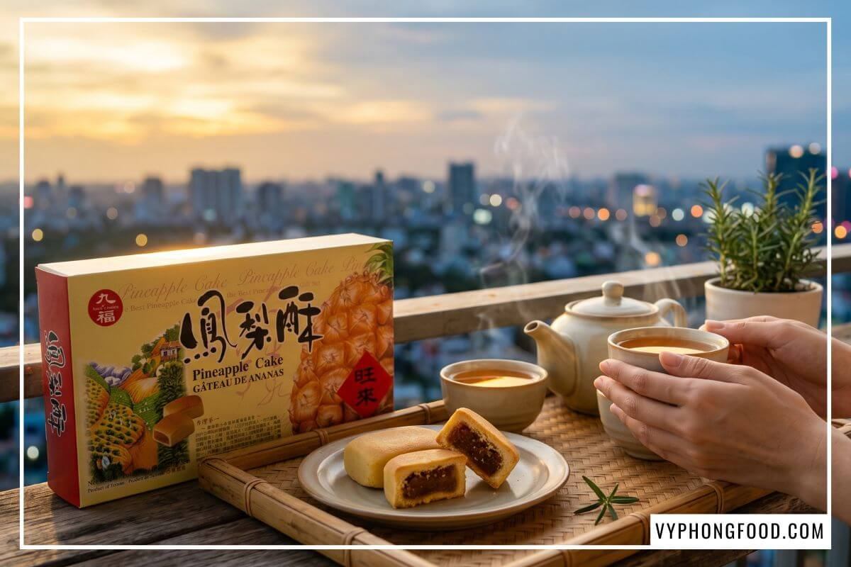 Thưởng thức bánh dứa Đài Loan Nice Choice thơm bùi cùng tách trà nóng tại ban công lộng gió lúc hoàng hôn.
