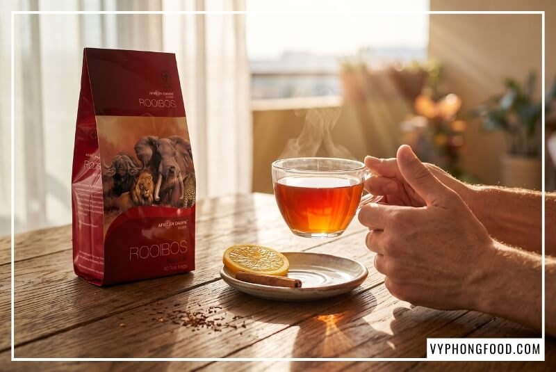 Bàn tay nâng tách trà ấm nóng minh họa công dụng của trà thảo mộc rooibos Nam Phi giúp thư giãn buổi sáng.
