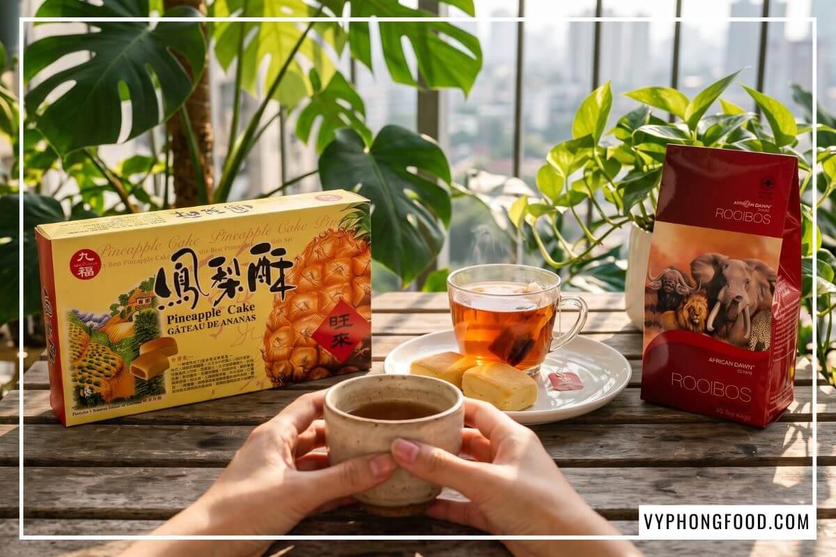 Bánh dứa Đài Loan Nice Choice thơm bơ ăn kèm tách hồng trà Rooibos Nam Phi African Dawn màu đỏ hổ phách đón nắng