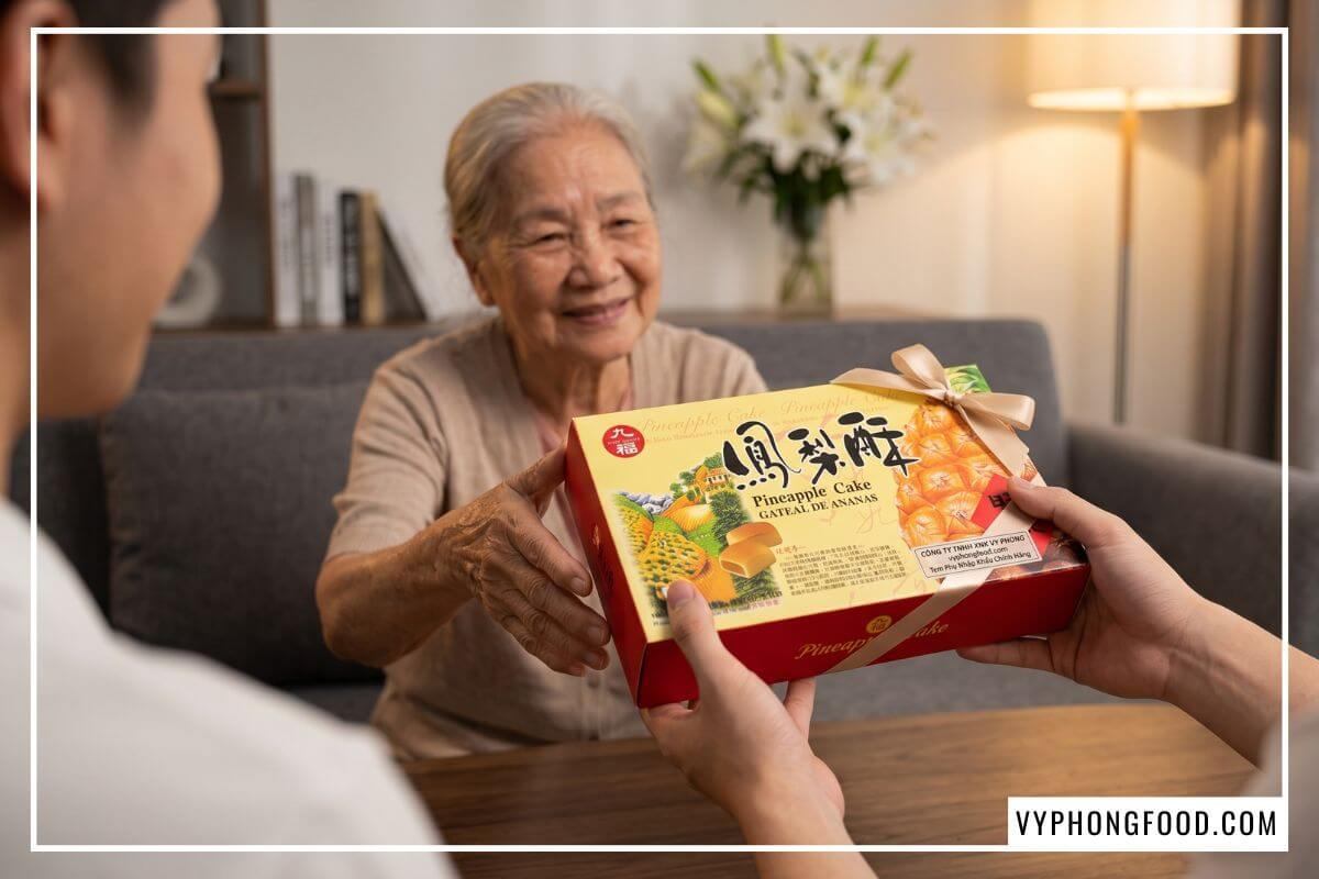 Trao tặng hộp bánh dứa Đài Loan Nice Choice chính hãng có tem phụ Vy Phong Food trong phòng khách