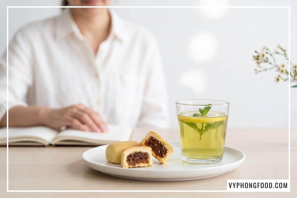 Bánh dứa cắt lát bên ly trà thảo mộc thơm ngon từ cách làm bánh dứa đơn giản.