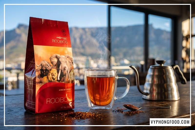 Gói trà rooibos đặt cạnh tách trà đỏ hổ phách trên quầy bar gỗ gợi ý cách pha trà sữa rooibos cho quán.