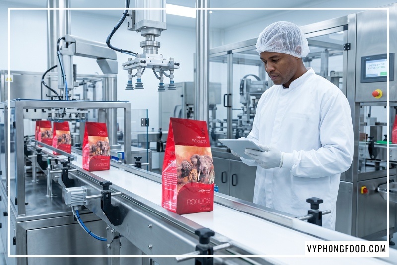 Những gói trà rooibos di chuyển trên băng chuyền tự động chuẩn hóa cách pha trà sữa rooibos cho quán số lượng lớn.
