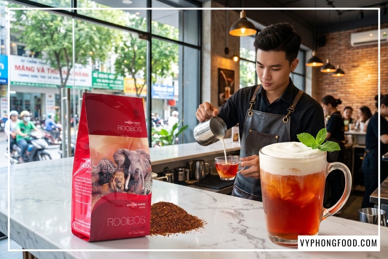 Barista rót sữa vào cốt trà rooibos thực hành cách pha trà sữa rooibos cho quán chuẩn vị béo ngậy.
