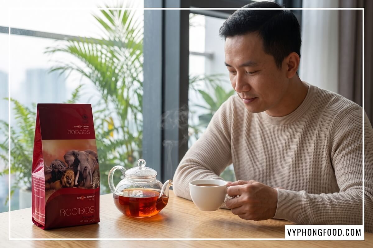 Gói trà rooibos African Dawn bên tách trà đỏ, loại trà thảo mộc nào tốt cho người bệnh tiểu đường và mỡ máu