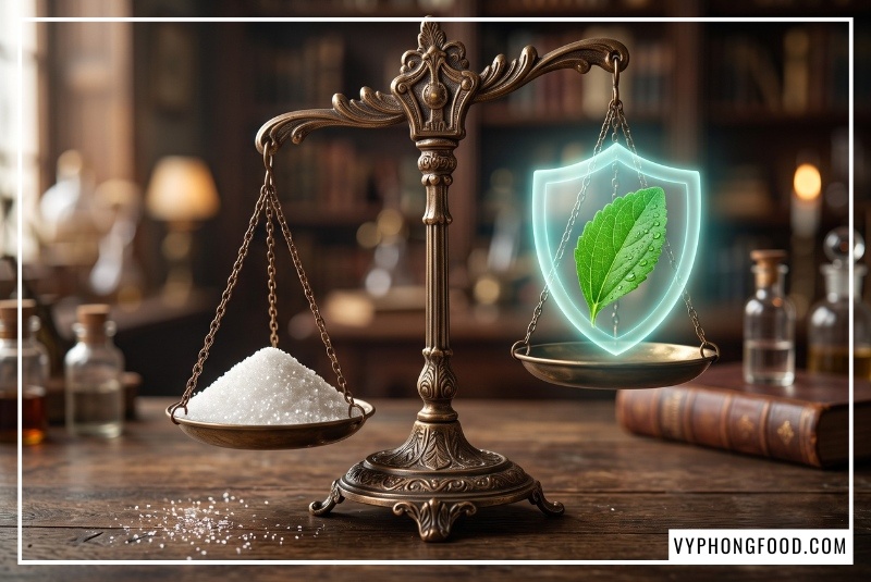 Hình ảnh cân tiểu ly cổ điển cân bằng giữa một bên là núi đường cát trắng và một bên là chiếc lá cỏ ngọt stevia xanh mướt nằm trong khiên bảo vệ y tế rực sáng, giải đáp khách quan thắc mắc mua đường cỏ ngọt stevia ở đâu an toàn và lành tính cho sức khỏe.
