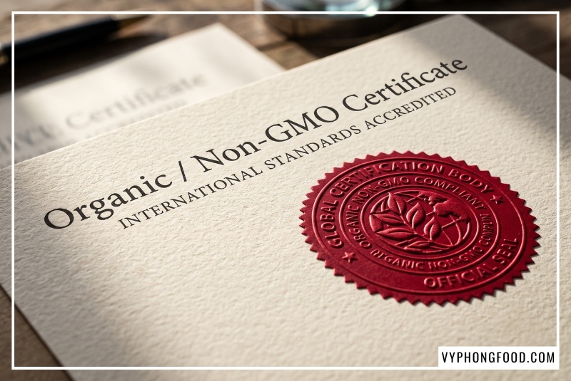 Cận cảnh tờ giấy chứng nhận chất lượng Organic và Non-GMO với con dấu mộc nổi dưới ánh sáng tạt ngang nghệ thuật, minh chứng rõ ràng giúp người tiêu dùng biết nên tin tưởng chọn mua đường cỏ ngọt stevia ở đâu uy tín và có thẩm quyền.