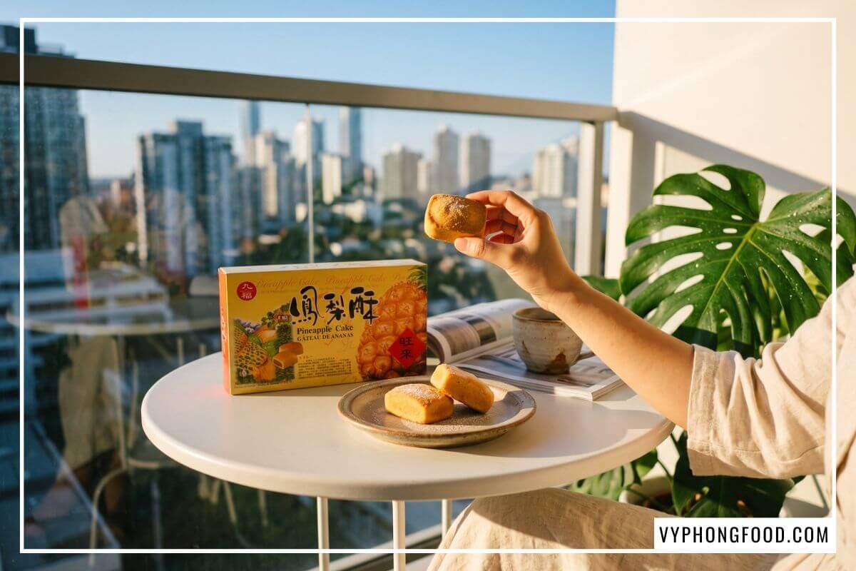 Tay cầm chiếc bánh dứa nướng thơm bơ chuẩn bị thưởng thức bên bàn trà ban công xanh mát.