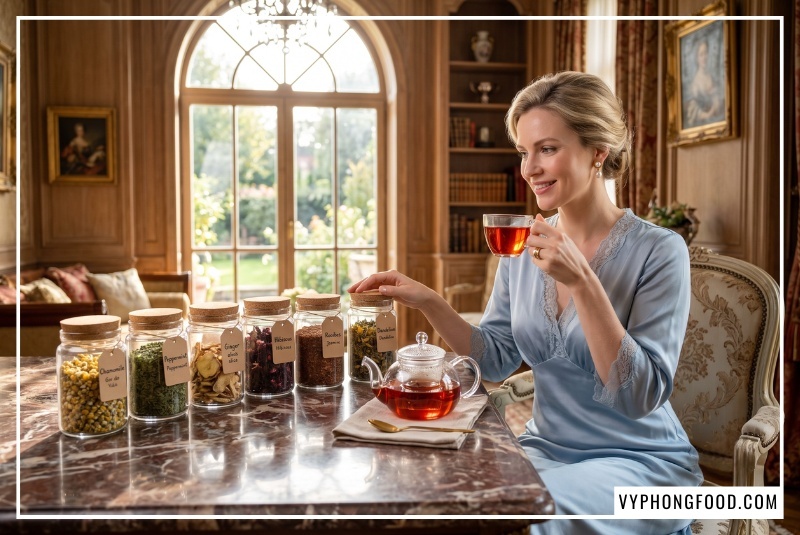 Người phụ nữ lướt tay qua bộ hũ thảo mộc khô và gói hồng trà Rooibos tạo nên công thức trà thảo mộc thượng hạng.