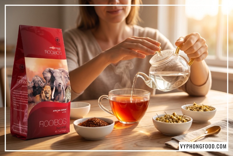 Đôi tay nhẹ nhàng nâng ly trà cúc la mã ấm nóng bên túi trà Rooibos trong công thức trà thảo mộc dễ ngủ ban đêm.