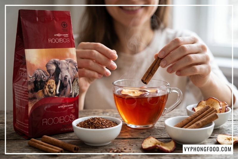 Đôi tay thả thanh quế thơm vào ly trà táo đỏ sóng sánh tạo công thức trà thảo mộc dưỡng nhan giữ vóc dáng.