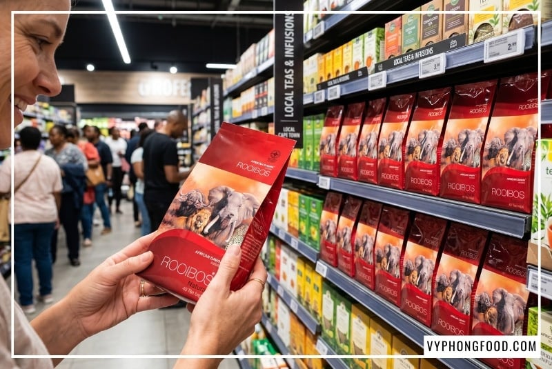 Khách hàng hào hứng chọn mua túi hồng trà Rooibos Nam Phi làm nguyên liệu cho công thức trà thảo mộc chuẩn vị.