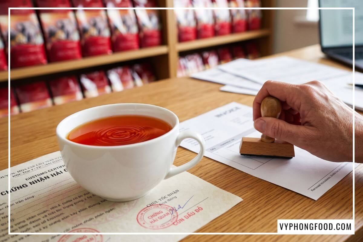 Tách nước đỏ đặt cạnh tay người đóng dấu mộc lên giấy tờ chứng minh cửa hàng bán trà thảo mộc hợp pháp