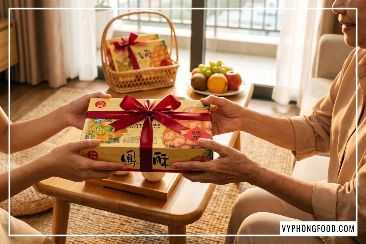Trao tặng hộp bánh dứa Đài Loan thắt nơ lụa đỏ trong không gian gia đình ấm cúng
