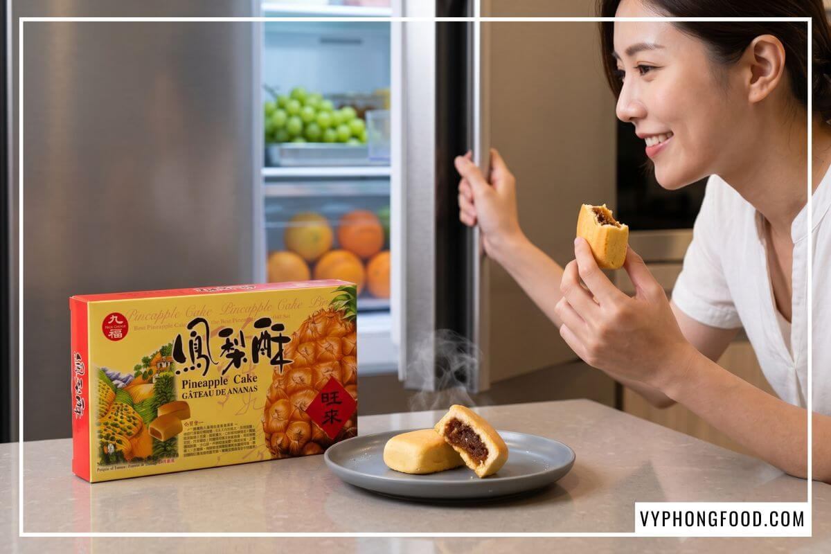 Người phụ nữ cầm bánh dứa ướp lạnh giòn vỏ cạnh tủ lạnh khi mua bánh dứa Đài Loan.