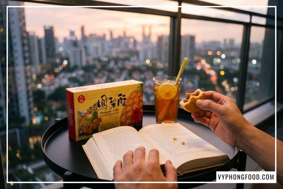 Tay cầm nửa miếng bánh dẻo quánh ngắm hoàng hôn ban công khi mua bánh dứa Đài Loan.