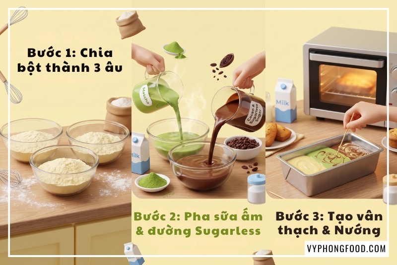 Biến tấu 3 màu với cách làm bánh bông lan bằng đường ăn kiêng vị trà xanh, cacao. Hình ảnh minh họa cốt bánh xốp mịn, thơm ngon, sử dụng đường cỏ ngọt Sugarless 350g hữu cơ không calo giúp cân bằng vị giác, bảo vệ sức khỏe và vóc dáng cho người dùng hiện đại.