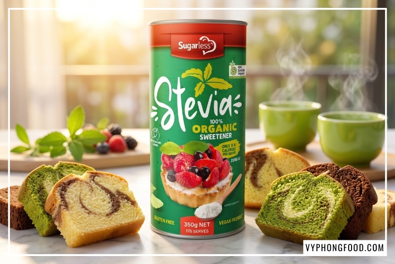 Biến tấu 3 màu với cách làm bánh bông lan bằng đường ăn kiêng vị trà xanh, cacao. Hình ảnh minh họa cốt bánh xốp mịn, thơm ngon, sử dụng đường cỏ ngọt Sugarless 350g hữu cơ không calo giúp cân bằng vị giác, bảo vệ sức khỏe và vóc dáng cho người dùng hiện đại.