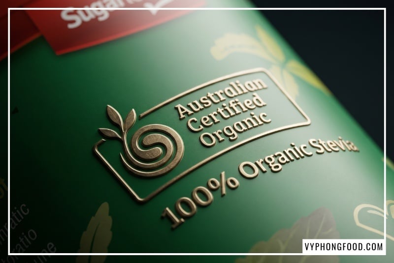 Hình ảnh minh họa trực quan chuỗi cung ứng và quy trình chiết xuất công nghiệp 6 bước nghiêm ngặt từ lá cây Stevia hữu cơ tại Úc thành tinh thể bột trắng Sugarless, chứng minh khoa học việc loại bỏ diệp lục tố tự nhiên mà không dùng hóa chất tẩy trắng, giải đáp cặn kẽ câu hỏi cây cỏ ngọt có tác dụng gì đối với sức khỏe.