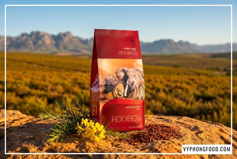 Gói Hồng trà Rooibos Nam Phi African Dawn dạng túi lọc đặt trên tảng đá sa thạch giữa cánh đồng trà Cederberg rực nắng, trà rooibos nguyên liệu pha chế đồ uống healthy tự nhiên không caffeine.