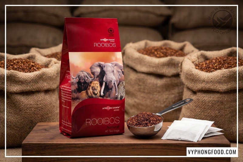 Sản phẩm Hồng trà Rooibos African Dawn nhập khẩu chính ngạch Nam Phi với bao tải đay chứa lá trà sấy khô, lựa chọn trà rooibos nguyên liệu pha chế thượng hạng chuẩn vị cho quán và gia đình.